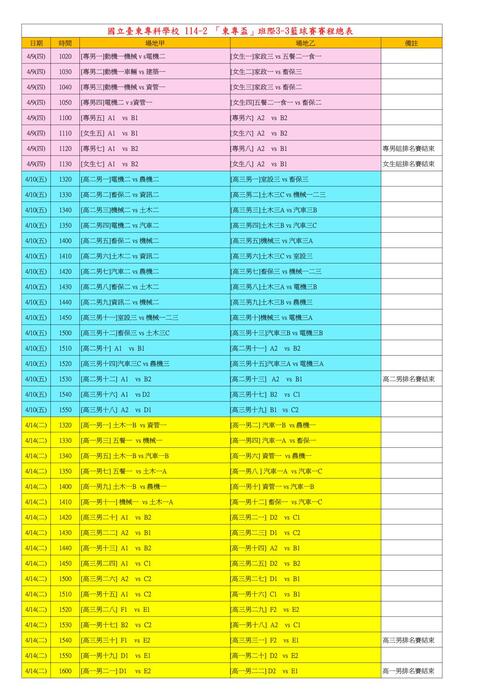 114-2「東專盃」班際籃球賽程表圖片