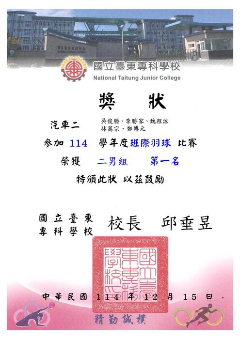 114-1『東專盃』羽球比賽_獎狀圖片