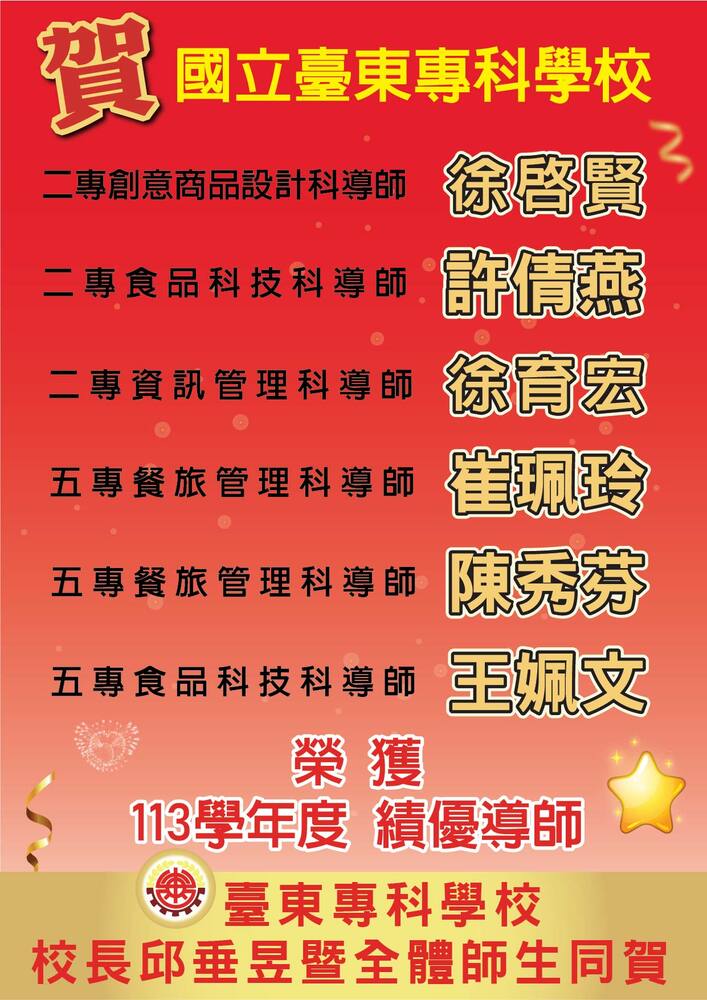 恭賀 ~ 國立臺東專科學校113學年度績優導師圖片