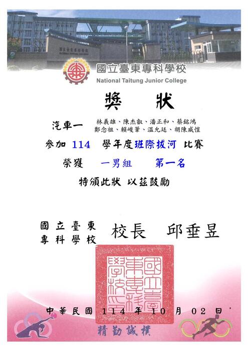 114-1『東專盃』拔河比賽_獎狀圖片